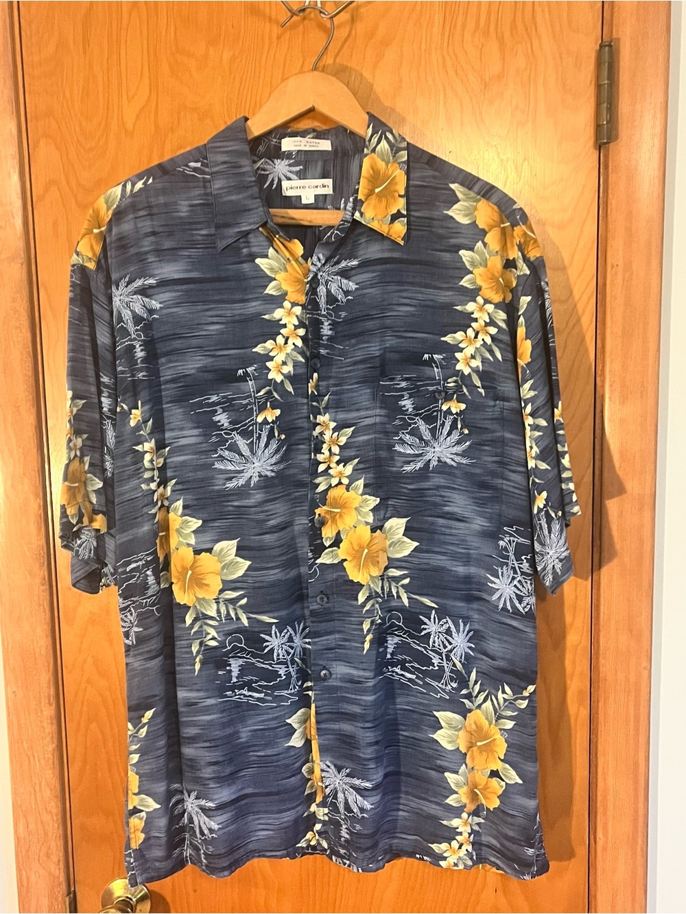 Pierre Cardin Shirt Adult Large Blue Hawaiian Button Up Tropical Floral Mens